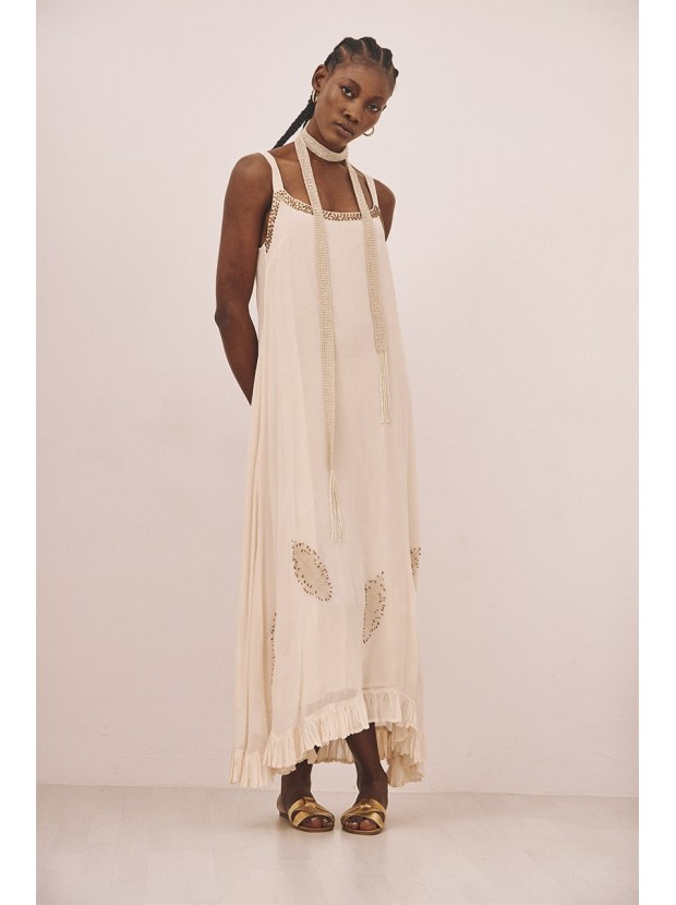 Vestido largo liso bordado