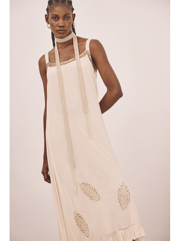 Vestido largo liso bordado