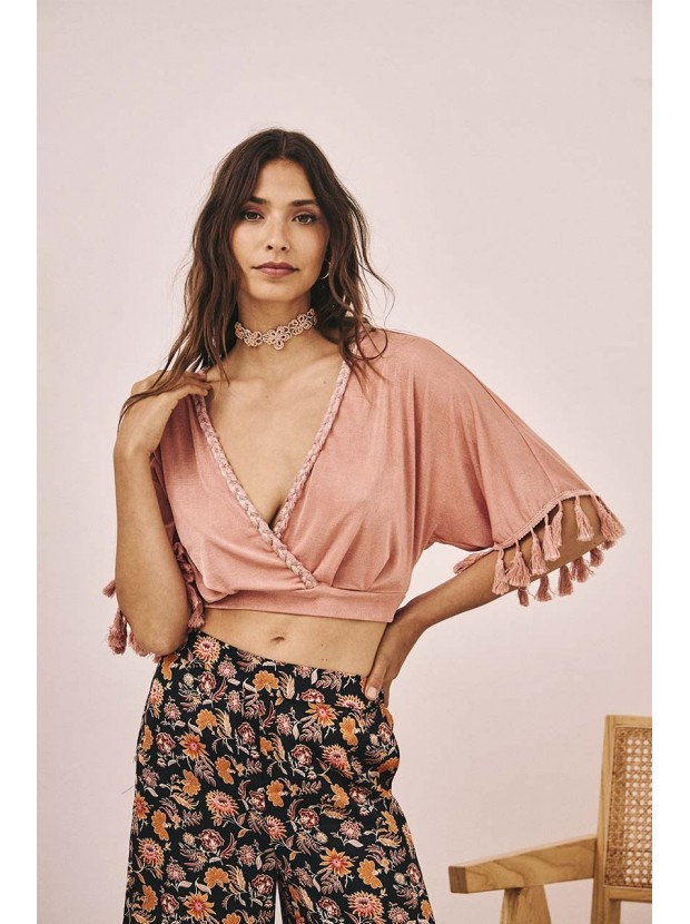 Blusa cruzada punto flecos