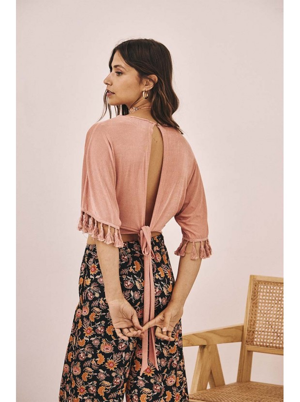 Blusa cruzada punto flecos
